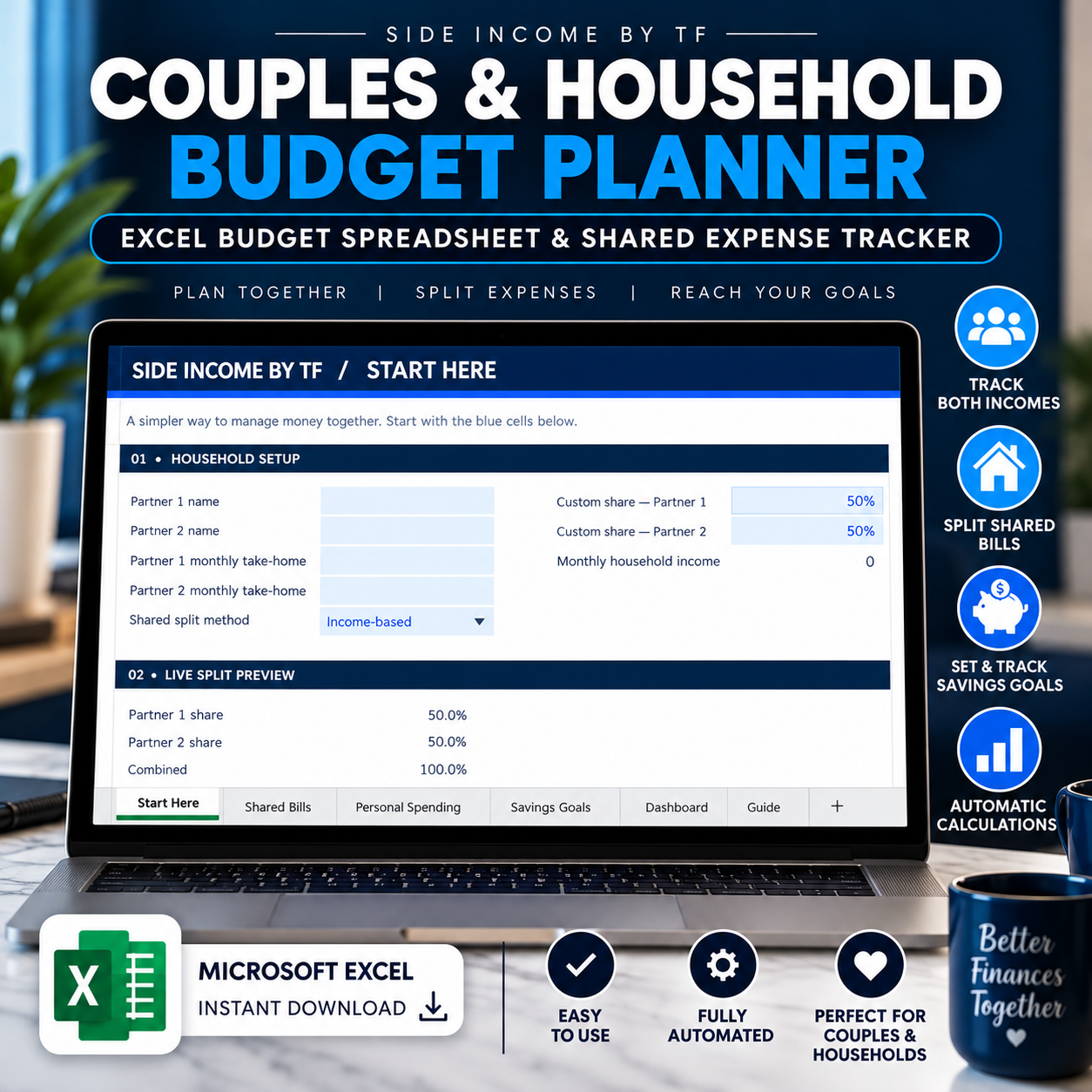Couples and Household Budget Planner Excel spreadsheet by Side Income By TF, showing household setup, shared bill splitting, savings goals, and budget tracking.