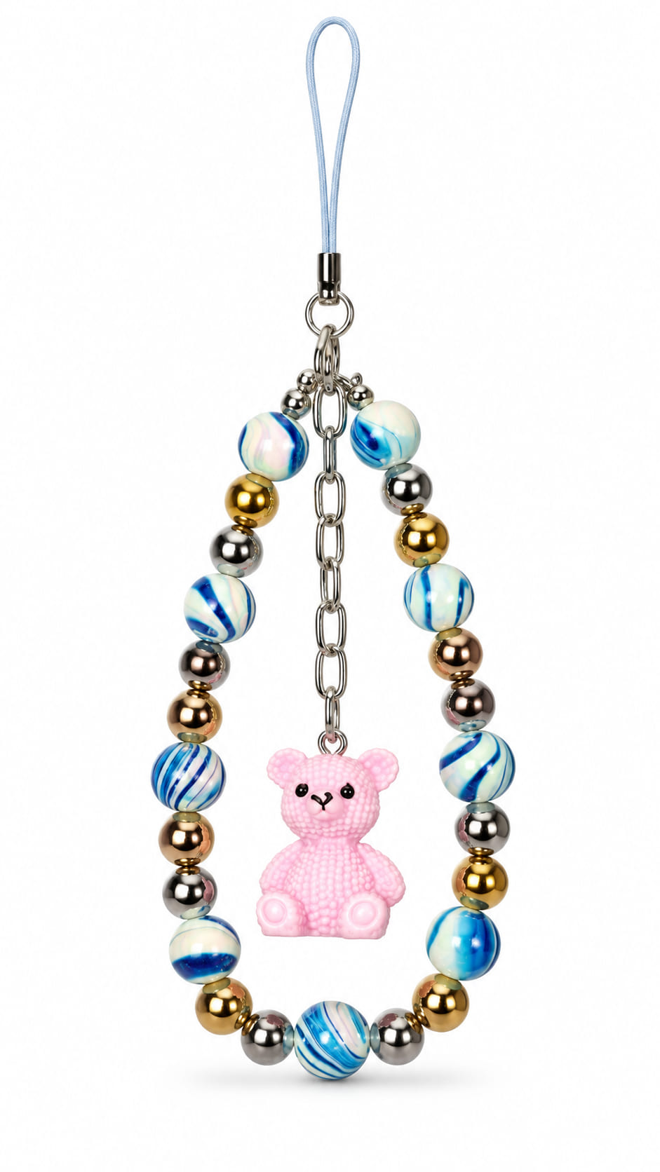 Handmade blue beaded phone and bag charm with blue and white marbled beads, metallic accent beads, pink teddy bear charm and pale blue cord loop.
