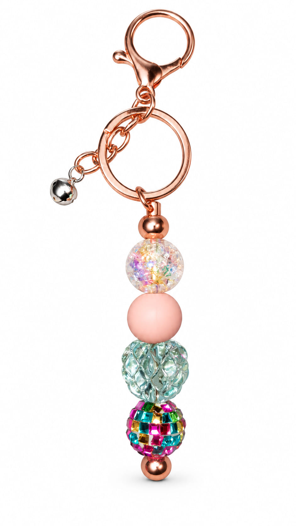 Handmade Christmas beaded keychain with rose gold-tone keyring, pink, aqua and multicoloured sparkling beads and small silver bell charm.