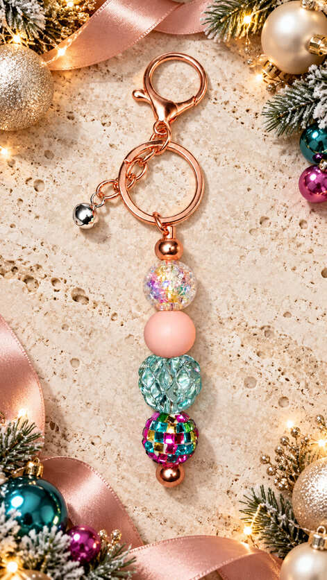 Colourful handmade Christmas beaded keychain with rose gold hardware, pink and aqua beads displayed with festive baubles, ribbon and Christmas lights.