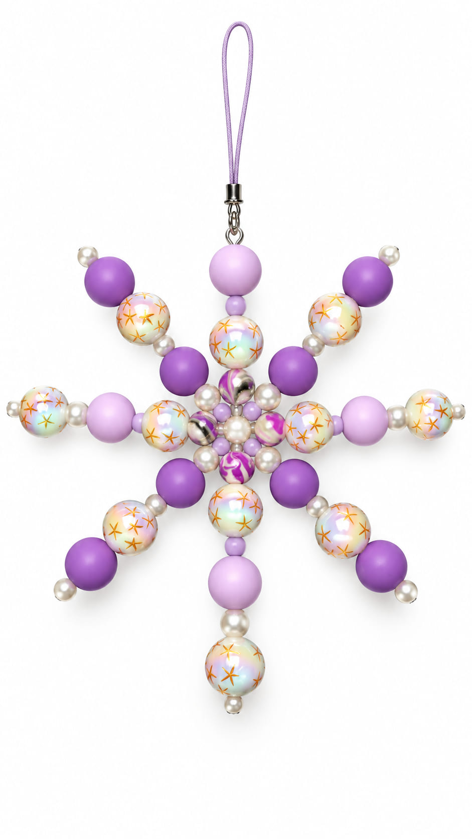 Large handmade purple beaded snowflake Christmas decoration with lilac silicone beads, faux pearls, star-pattern acrylic beads and marbled centre beads.