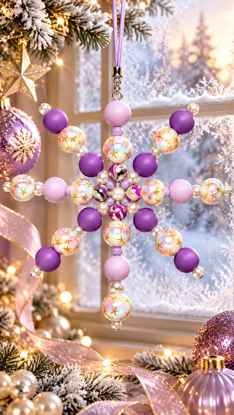 Large purple and lilac beaded snowflake Christmas ornament hanging beside festive lights, purple baubles and snowy Christmas greenery.
