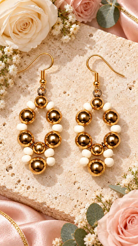 Gold and ivory handmade beaded earrings with 18k gold-plated sterling silver hooks styled on a stone surface with pink and cream flowers.