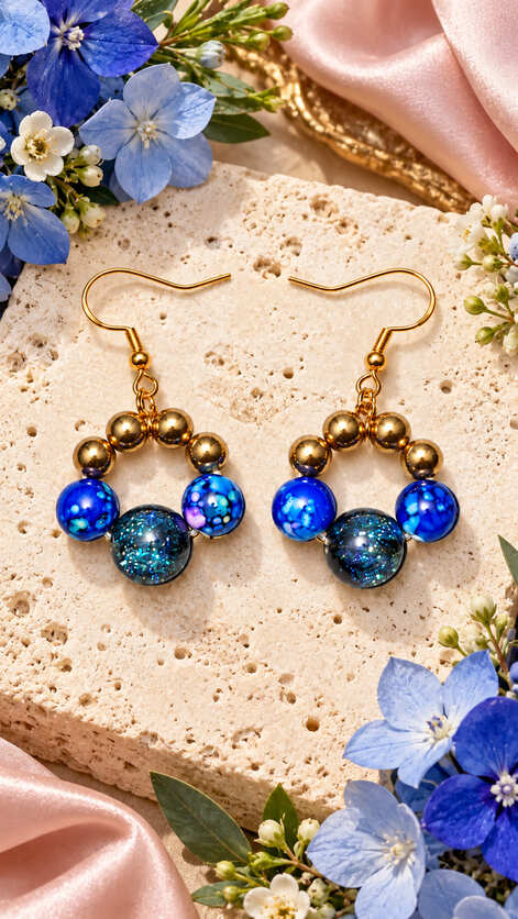 Midnight blue and gold handmade beaded earrings with 18K gold-plated 925 sterling silver hooks styled on stone with blue flowers and pink satin.