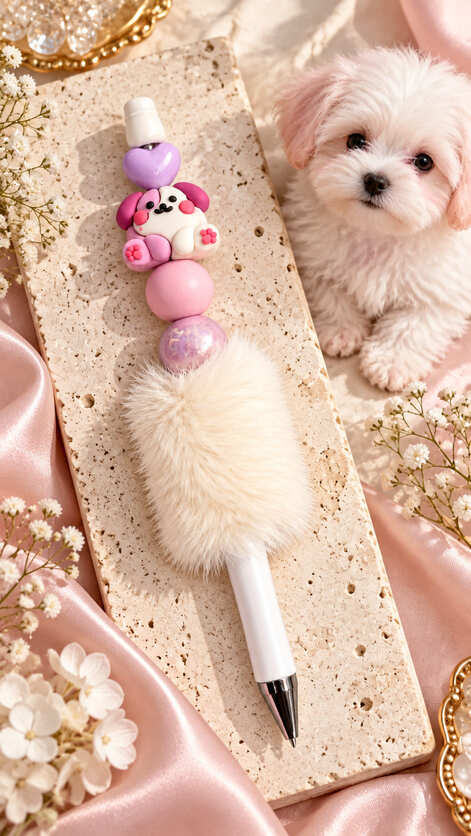 Pink puppy beaded pen with pastel beads and fluffy cream sleeve styled on a stone display beside flowers and a small white dog.