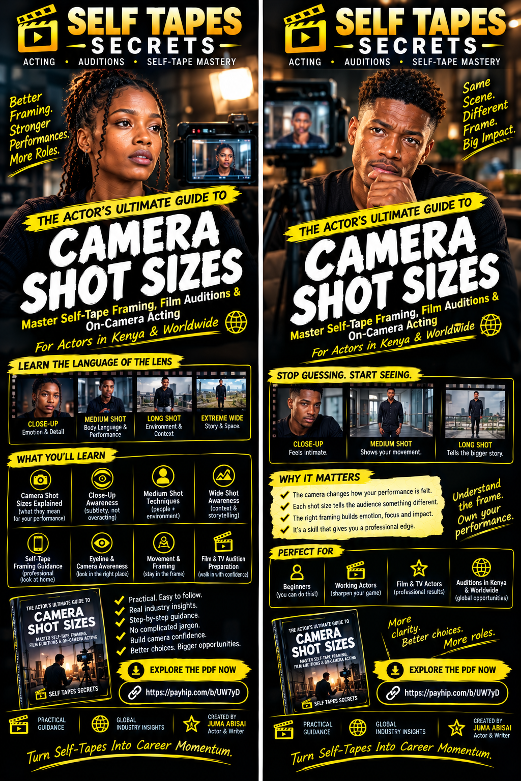 Master camera shot sizes for acting and self-tapes with this practical PDF guide. Learn close-ups, medium shots, wide shots, framing, eyeline and on-camera techniques to improve auditions, build confidence and stand out in Kenya and worldwide.