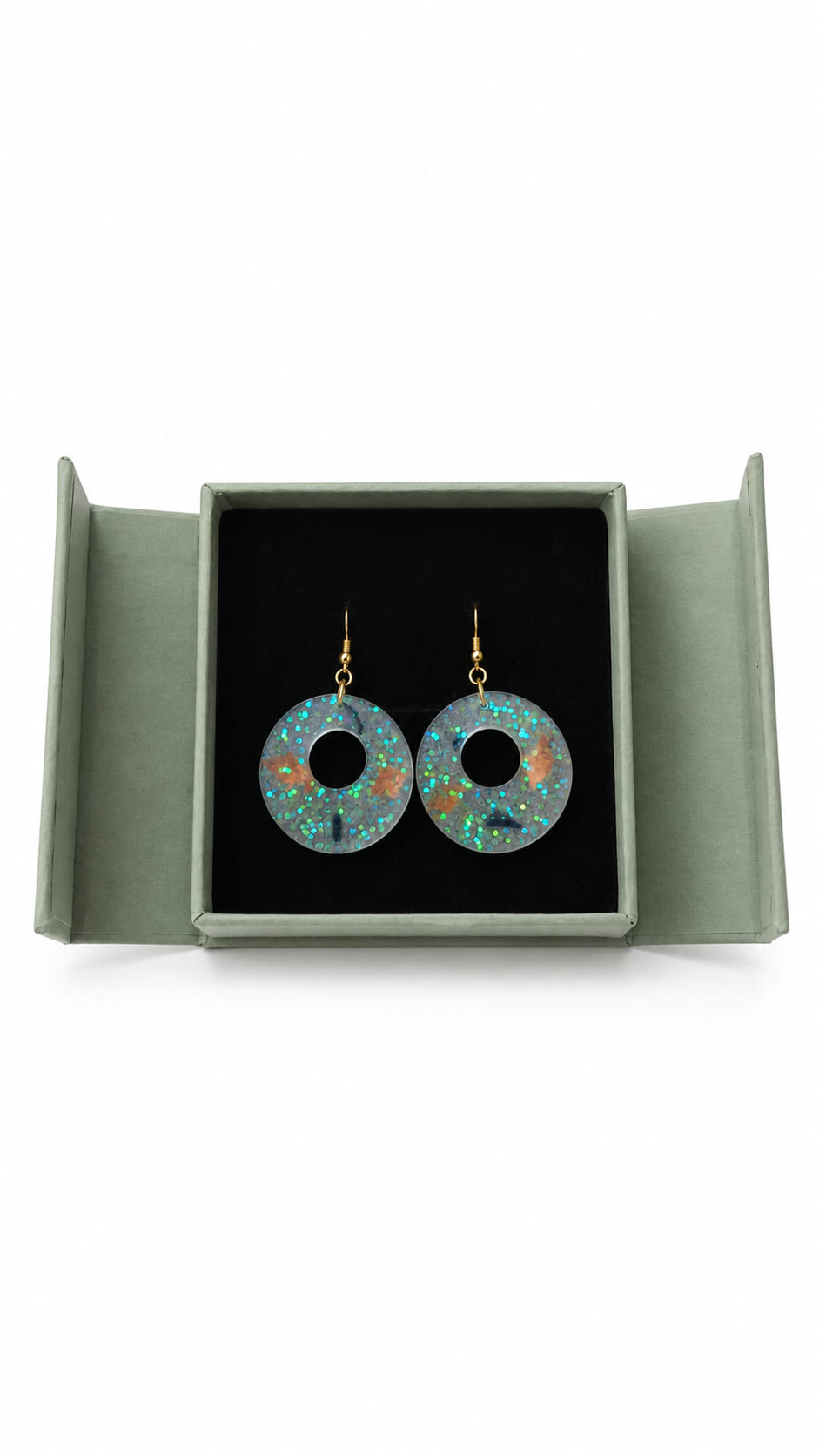 Handmade iridescent epoxy resin circle earrings with 18k gold-plated 925 sterling silver ear hooks presented in an elegant jewellery gift box.