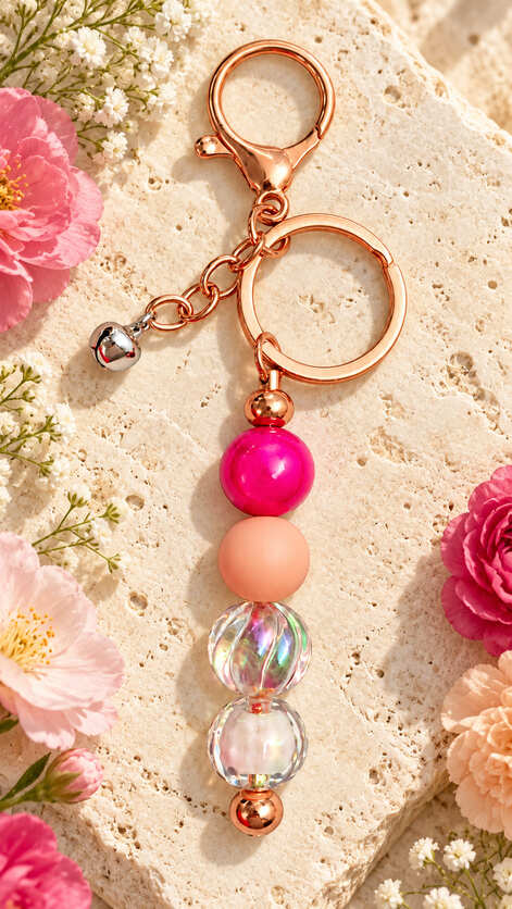 Pink and rose gold handmade beaded keychain displayed on a cream stone surface surrounded by pink flowers and delicate white blooms.