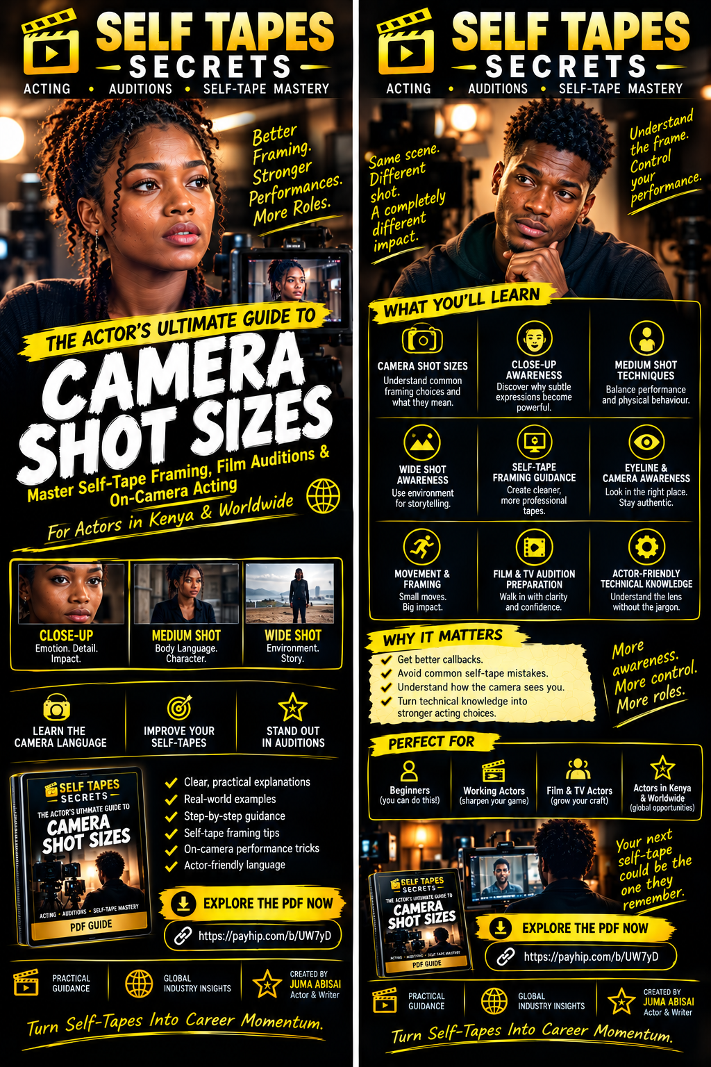 Master camera shot sizes for acting and self-tapes with this practical PDF guide. Learn close-ups, medium shots, wide shots, framing, eyeline and on-camera techniques to improve auditions, build confidence and stand out in Kenya and worldwide.