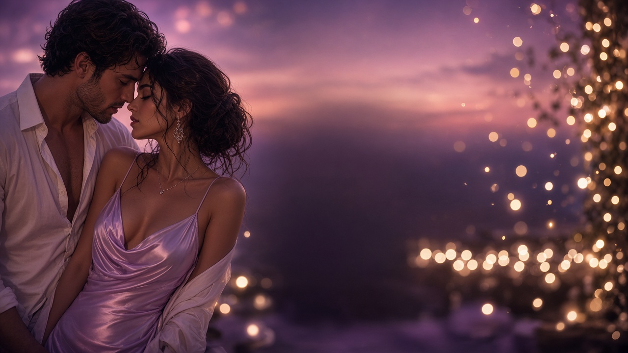 Couple embracing at sunset with warm lights
