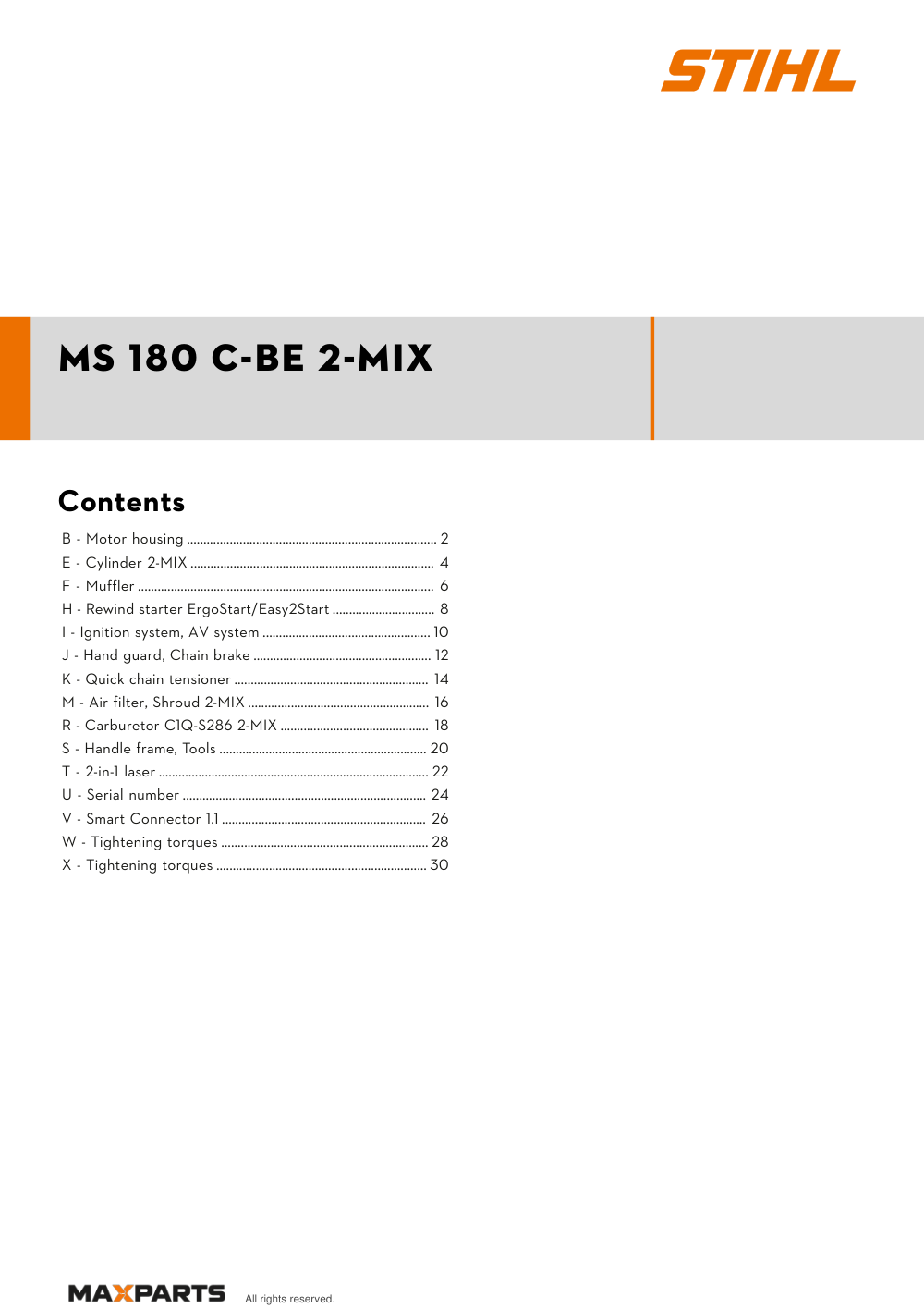 Cover of the STIHL MS 180 C-BE 2-MIX illustrated parts catalogue PDF, showing the model name and contents.