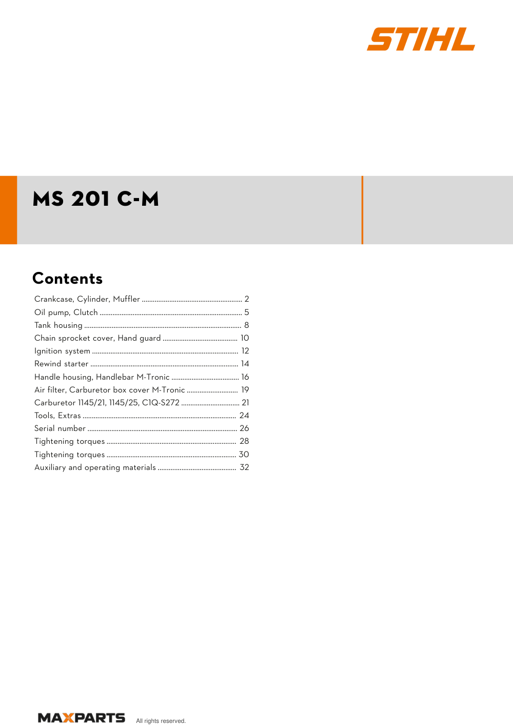 Cover of the STIHL MS 201 C-M illustrated parts catalogue PDF, showing the model name and contents.