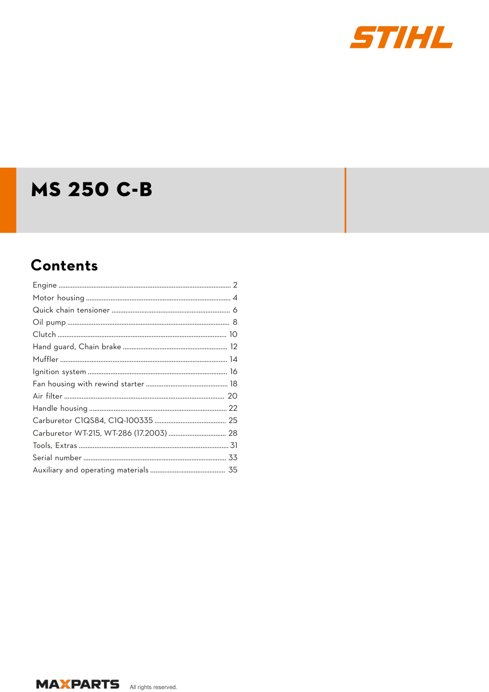 Cover of the STIHL MS 250 C-B illustrated parts catalogue PDF, showing the model name and contents.