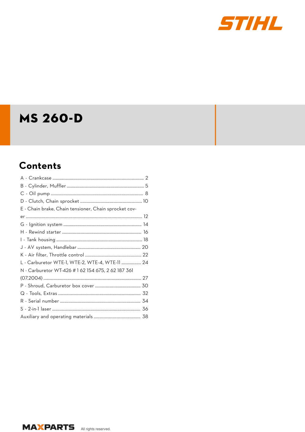 Cover of the STIHL MS 260-D illustrated parts catalogue PDF, showing the model name and contents.