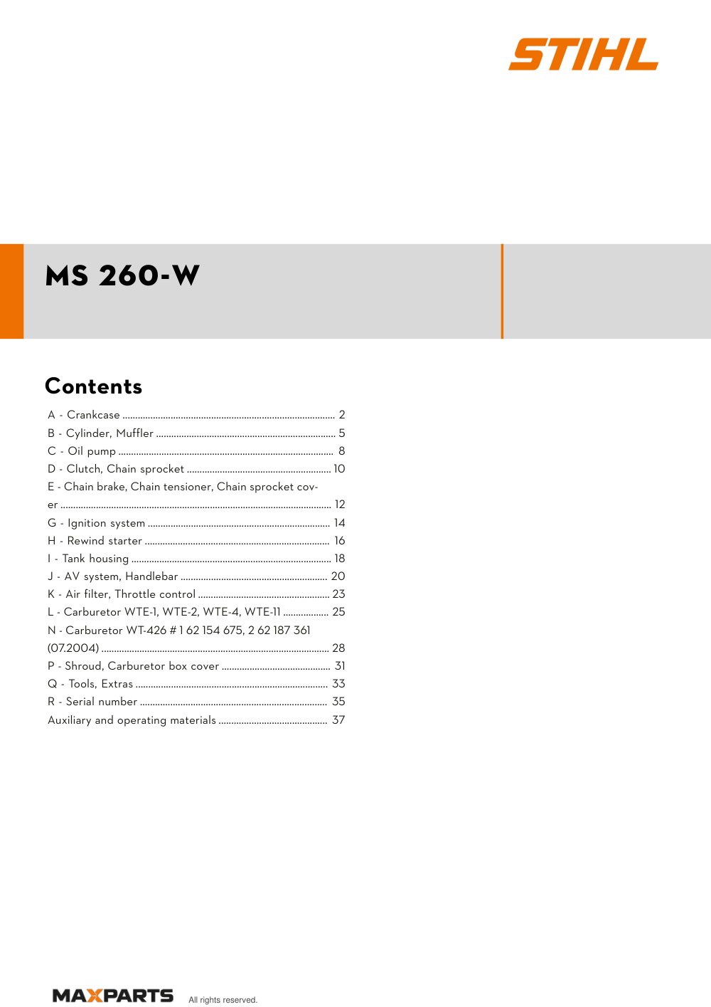 Cover of the STIHL MS 260-W illustrated parts catalogue PDF, showing the model name and contents.