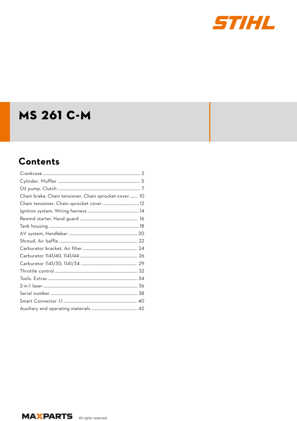 Cover of the STIHL MS 261 C-M illustrated parts catalogue PDF, showing the model name and contents.