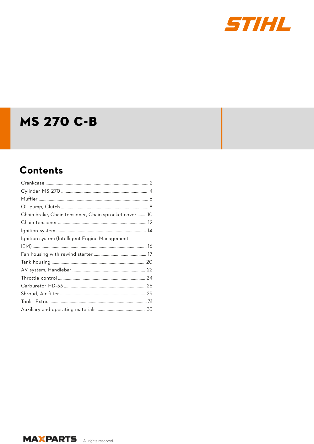 Cover of the STIHL MS 270 C-B illustrated parts catalogue PDF, showing the model name and contents.