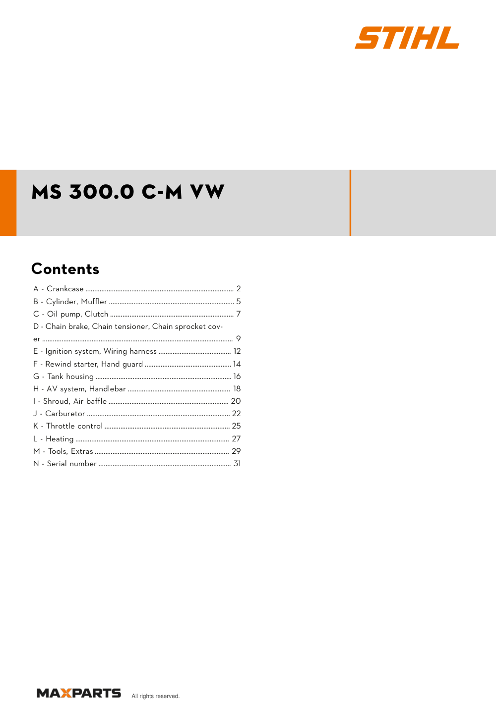 Cover of the STIHL MS 300.0 C-M VW illustrated parts catalogue PDF, showing the model name and contents.