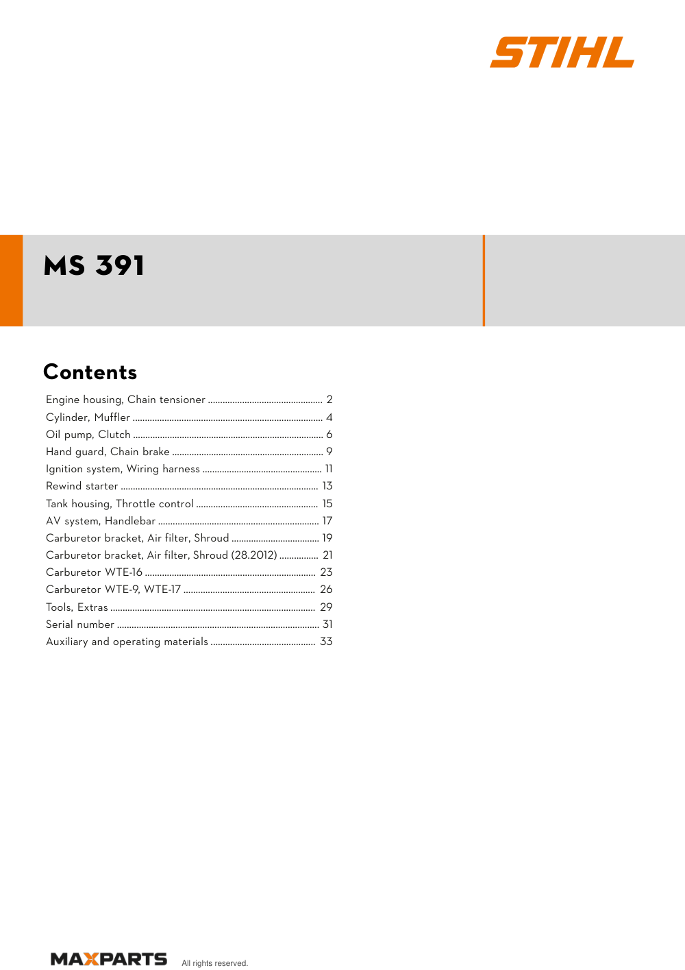 Cover of the STIHL MS 391 illustrated parts catalogue PDF, showing the model name and contents.