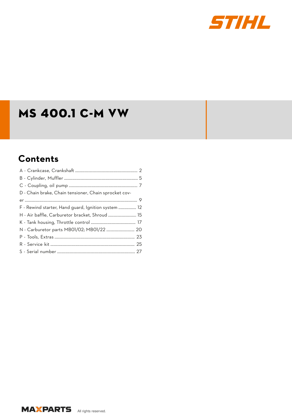 Cover of the STIHL MS 400.1 C-M VW illustrated parts catalogue PDF, showing the model name and contents.