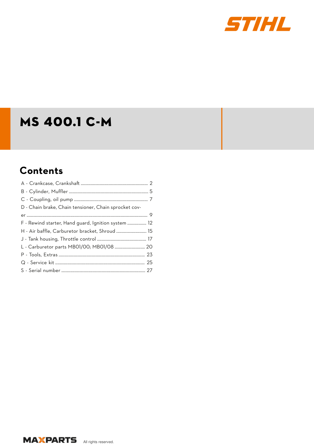 Cover of the STIHL MS 400.1 C-M illustrated parts catalogue PDF, showing the model name and contents.