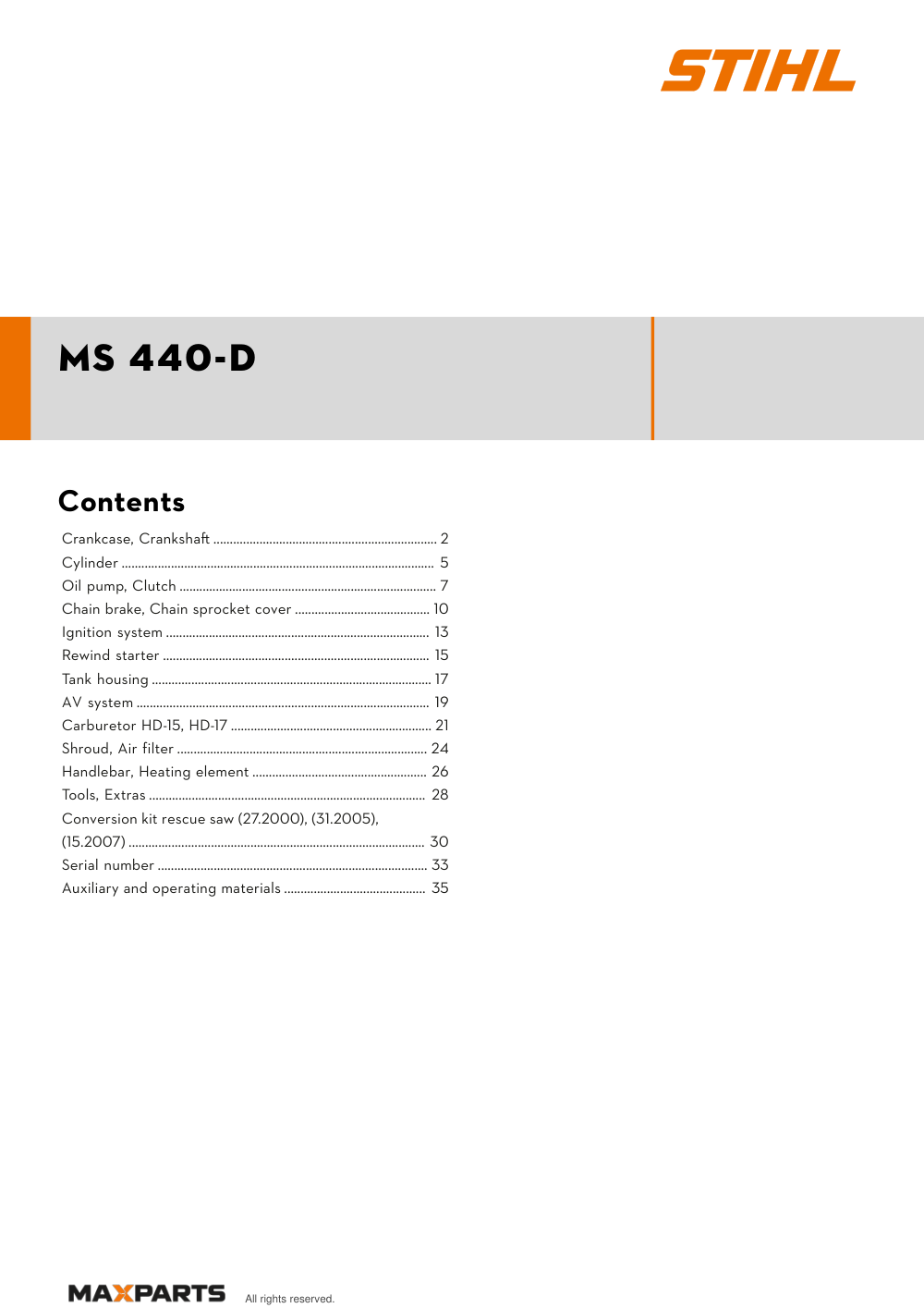 Cover of the STIHL MS 440-D illustrated parts catalogue PDF, showing the model name and contents.