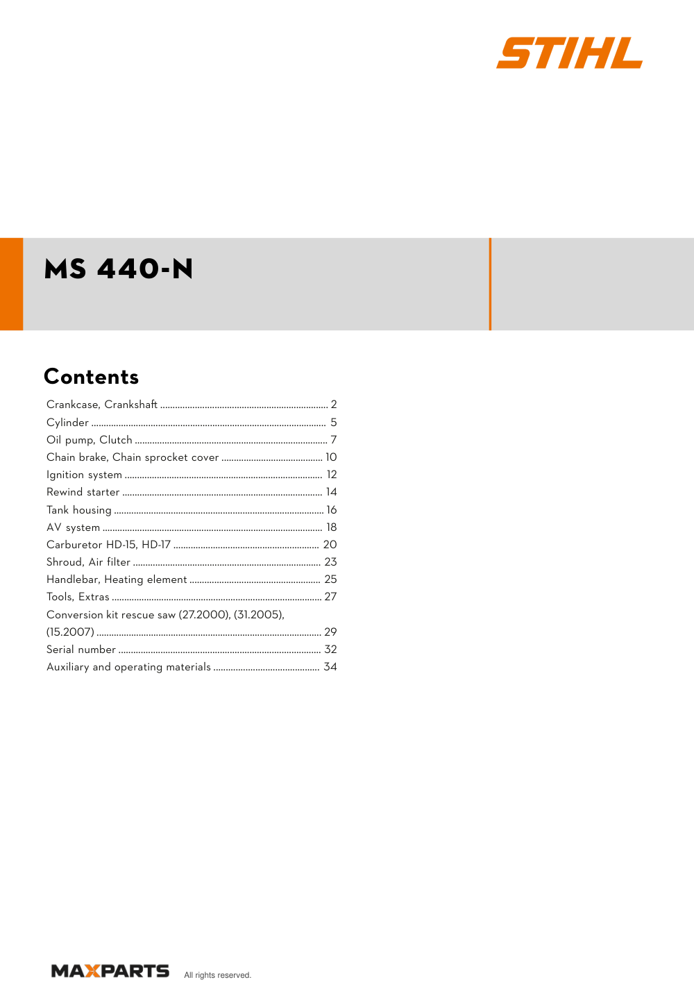Cover of the STIHL MS 440-N illustrated parts catalogue PDF, showing the model name and contents.