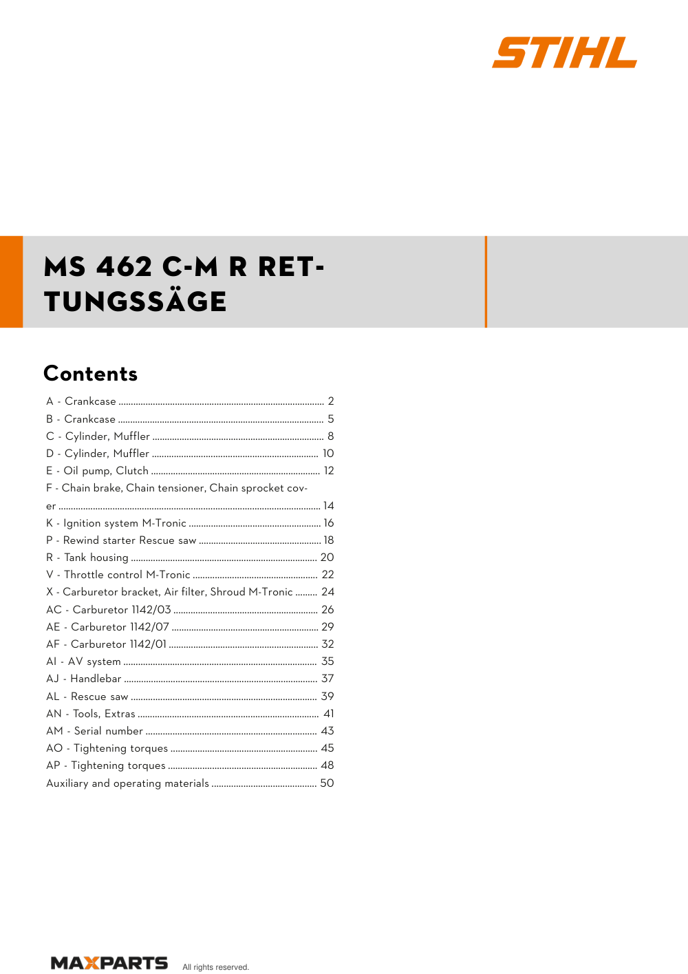 Cover of the STIHL MS 462 C-M R Rescue Saw illustrated parts catalogue PDF, showing the model name and contents.