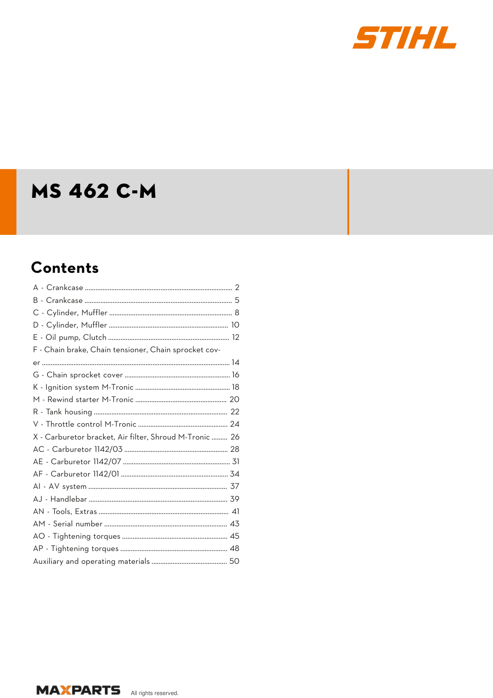 Cover of the STIHL MS 462 C-M illustrated parts catalogue PDF, showing the model name and contents.