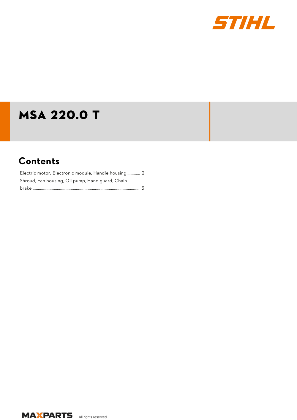 Cover of the STIHL MSA 220.0 T illustrated parts catalogue PDF, showing the model name and contents.