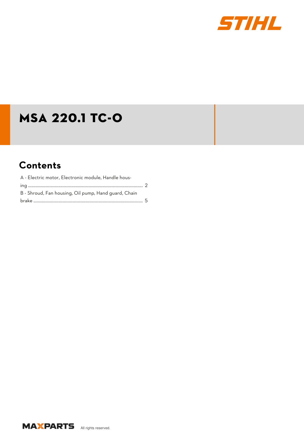 Cover of the STIHL MSA 220.1 TC-O illustrated parts catalogue PDF, showing the model name and contents.