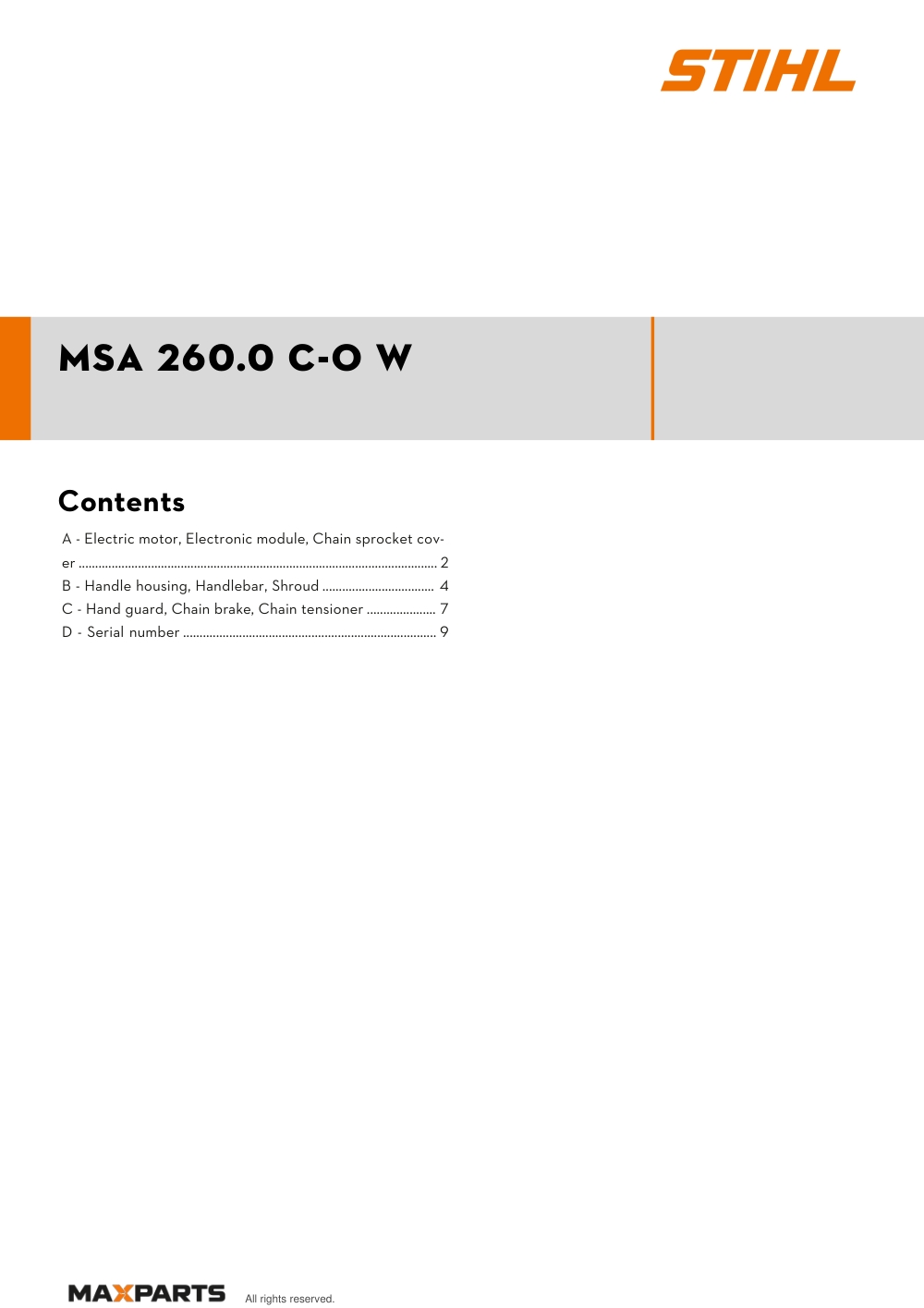 Cover of the STIHL MSA 260.0 C-O W illustrated parts catalogue PDF, showing the model name and contents.