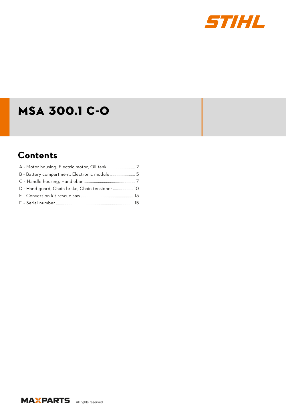 Cover of the STIHL MSA 300.1 C-O illustrated parts catalogue PDF, showing the model name and contents.