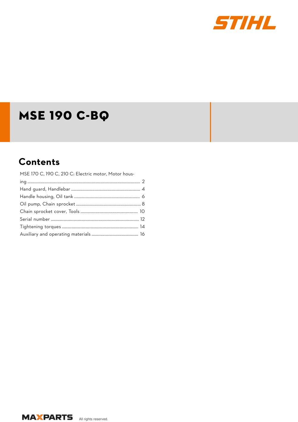Cover of the STIHL MSE 190 C-BQ illustrated parts catalogue PDF, showing the model name and contents.