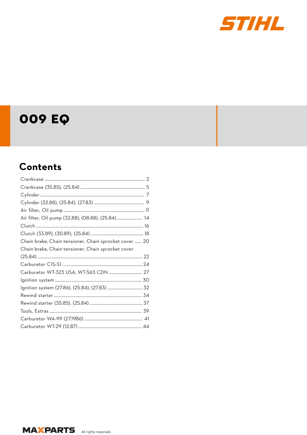 Cover of the STIHL 009 EQ illustrated parts catalogue PDF, showing the model name and contents.