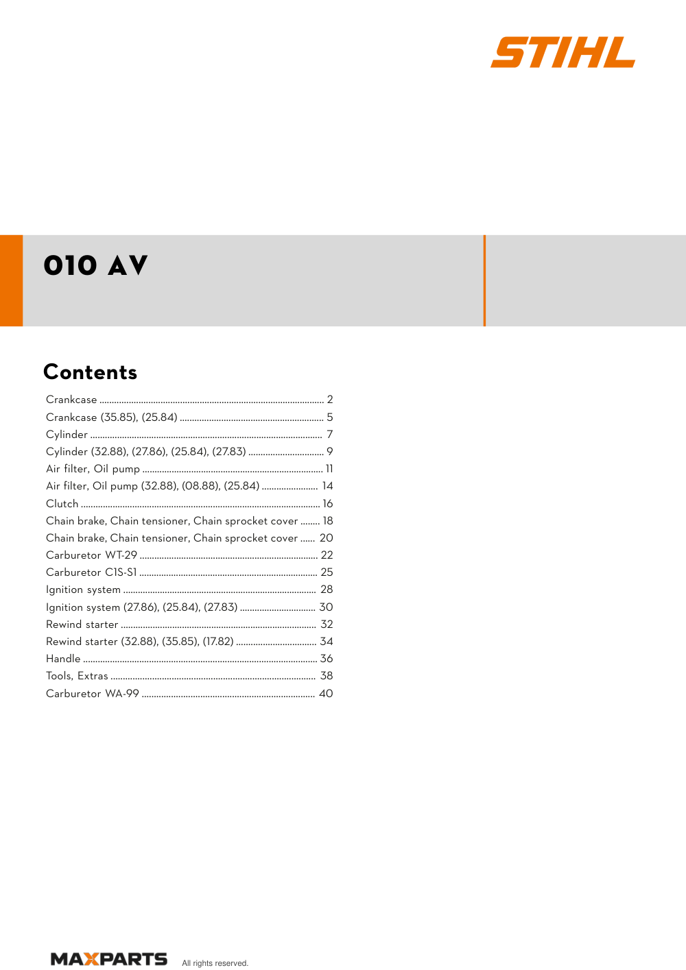 Cover of the STIHL 010 AV illustrated parts catalogue PDF, showing the model name and contents.