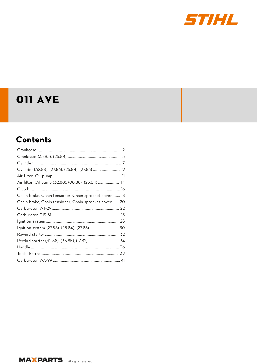 Cover of the STIHL 011 AVE illustrated parts catalogue PDF, showing the model name and contents.
