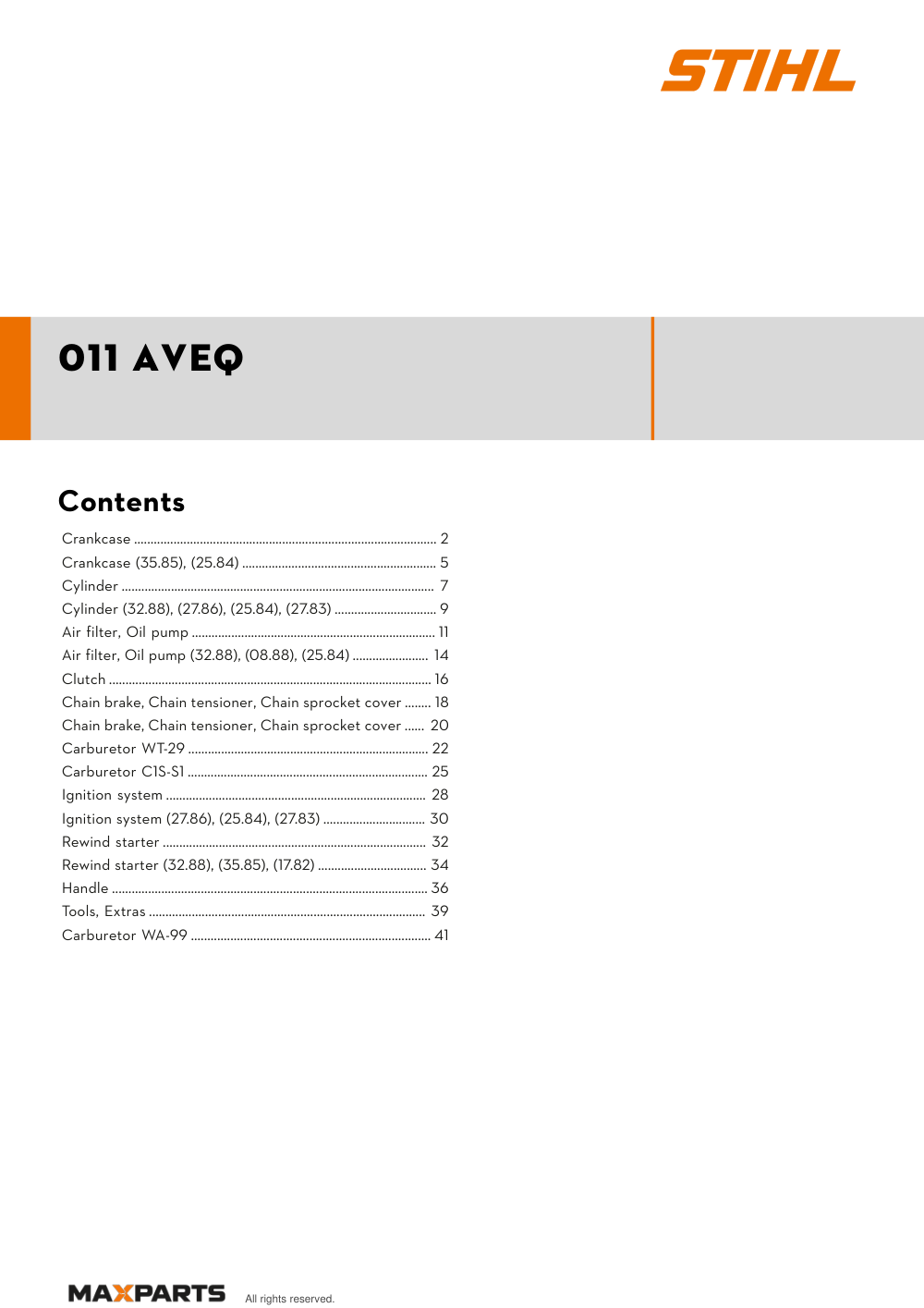 Cover of the STIHL 011 AVEQ illustrated parts catalogue PDF, showing the model name and contents.