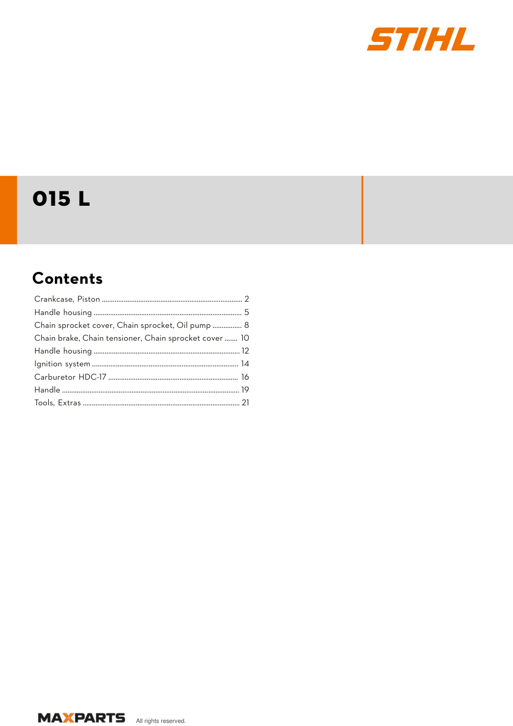 Cover of the STIHL 015 L illustrated parts catalogue PDF, showing the model name and contents.