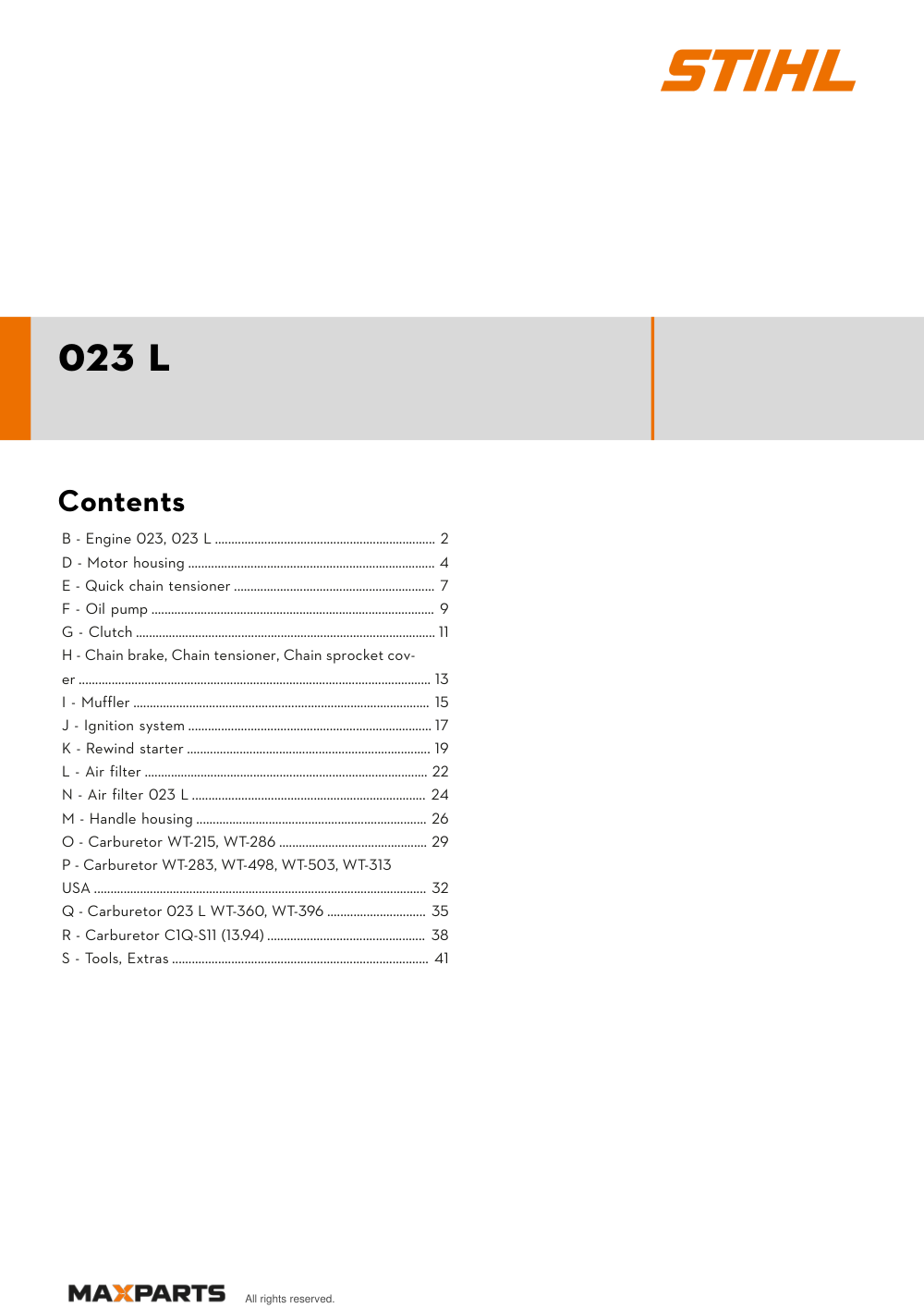 Cover of the STIHL 023 L illustrated parts catalogue PDF, showing the model name and contents.