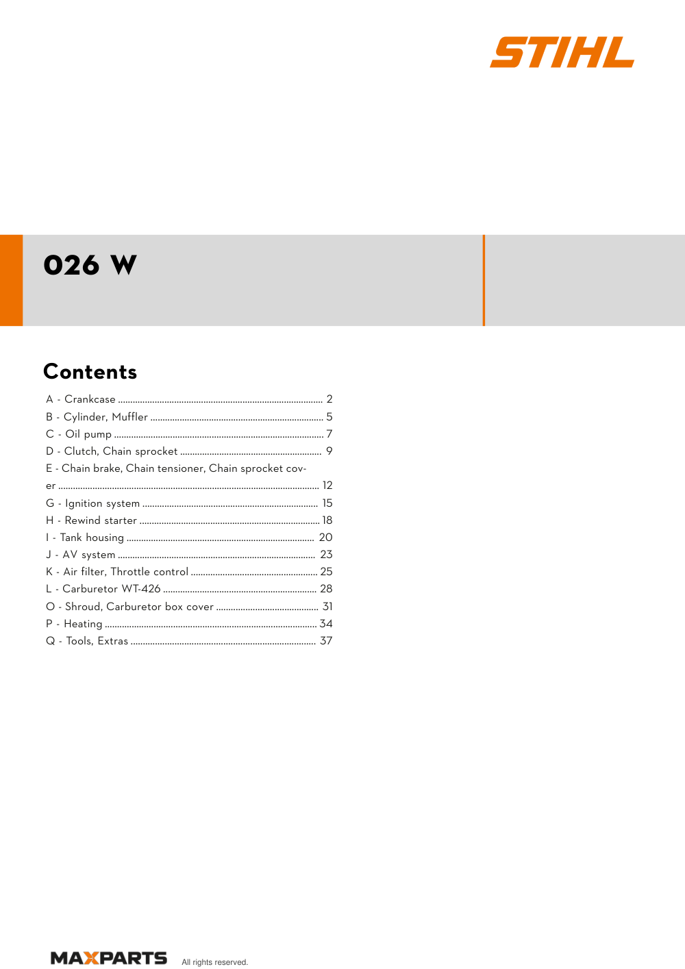Cover of the STIHL 026 W illustrated parts catalogue PDF, showing the model name and contents.