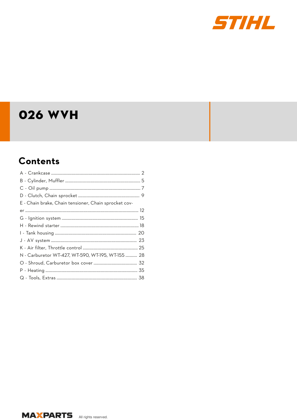 Cover of the STIHL 026 WVH illustrated parts catalogue PDF, showing the model name and contents.