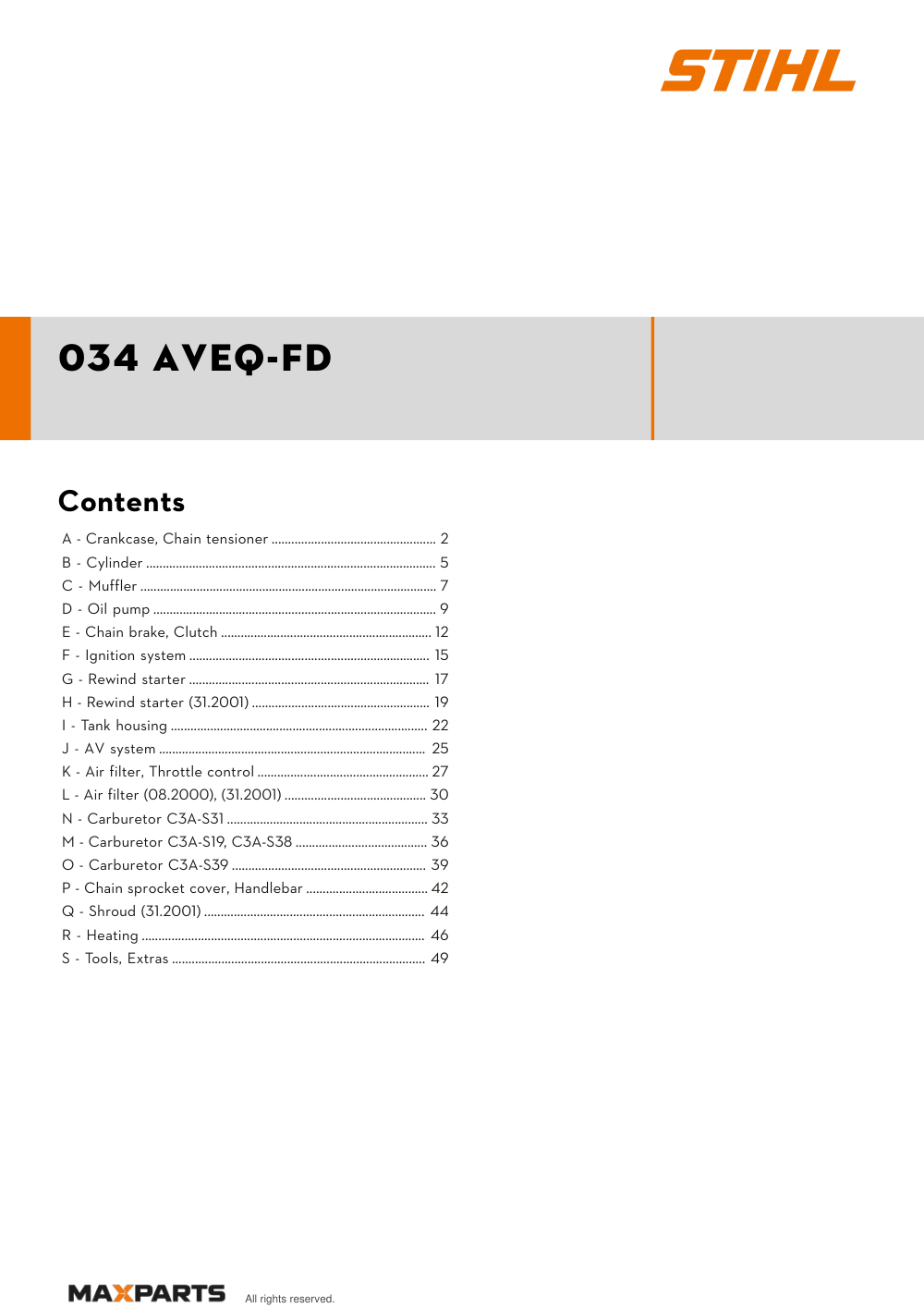 Cover of the STIHL 034 AVEQ-FD illustrated parts catalogue PDF, showing the model name and contents.