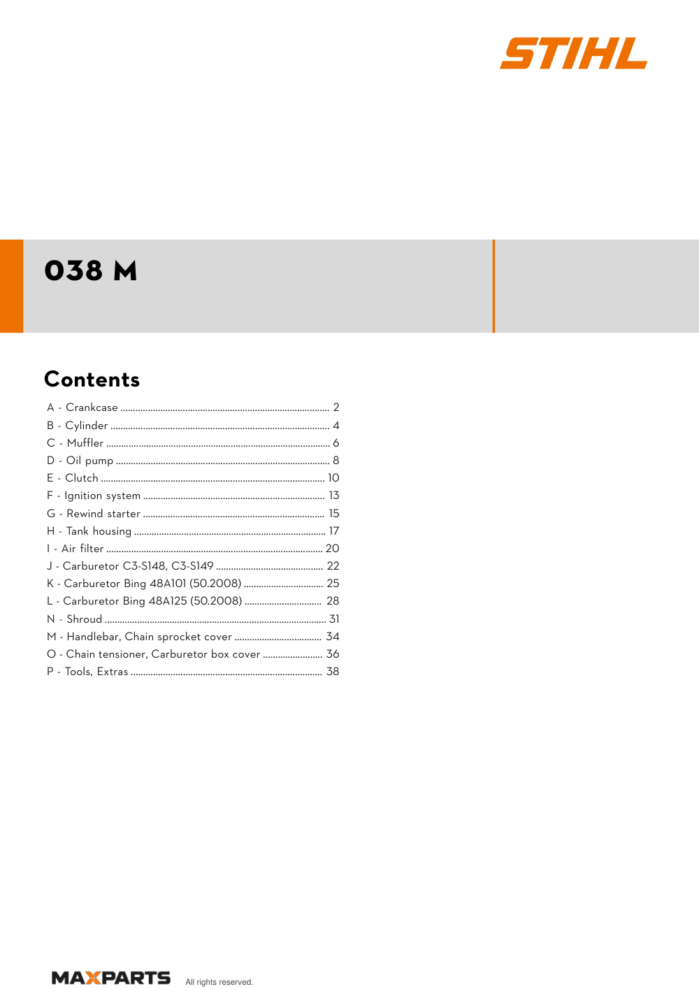 Cover of the STIHL 038 M illustrated parts catalogue PDF, showing the model name and contents.