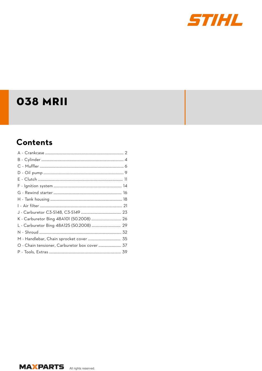 Cover of the STIHL 038 MRII illustrated parts catalogue PDF, showing the model name and contents.