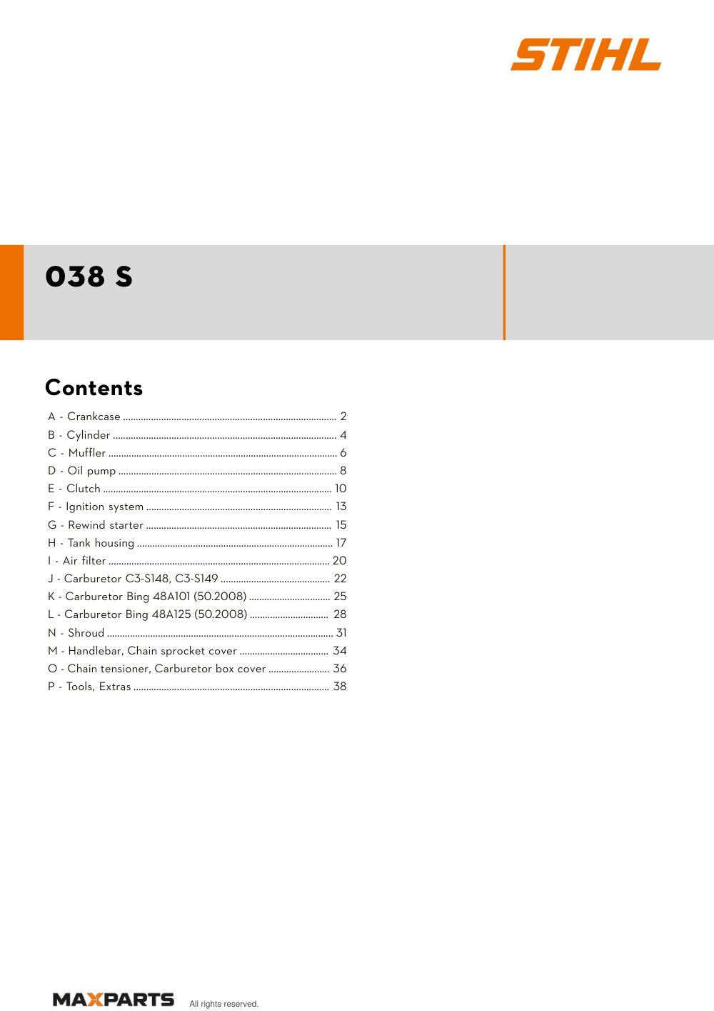 Cover of the STIHL 038 S illustrated parts catalogue PDF, showing the model name and contents.