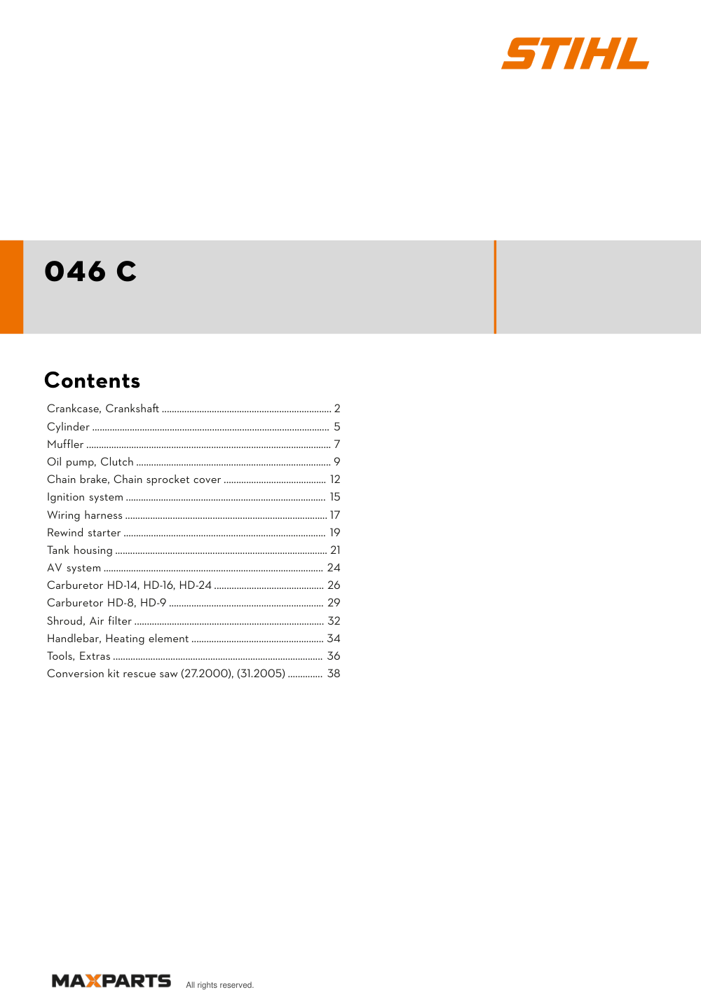 Cover of the STIHL 046 C illustrated parts catalogue PDF, showing the model name and contents.