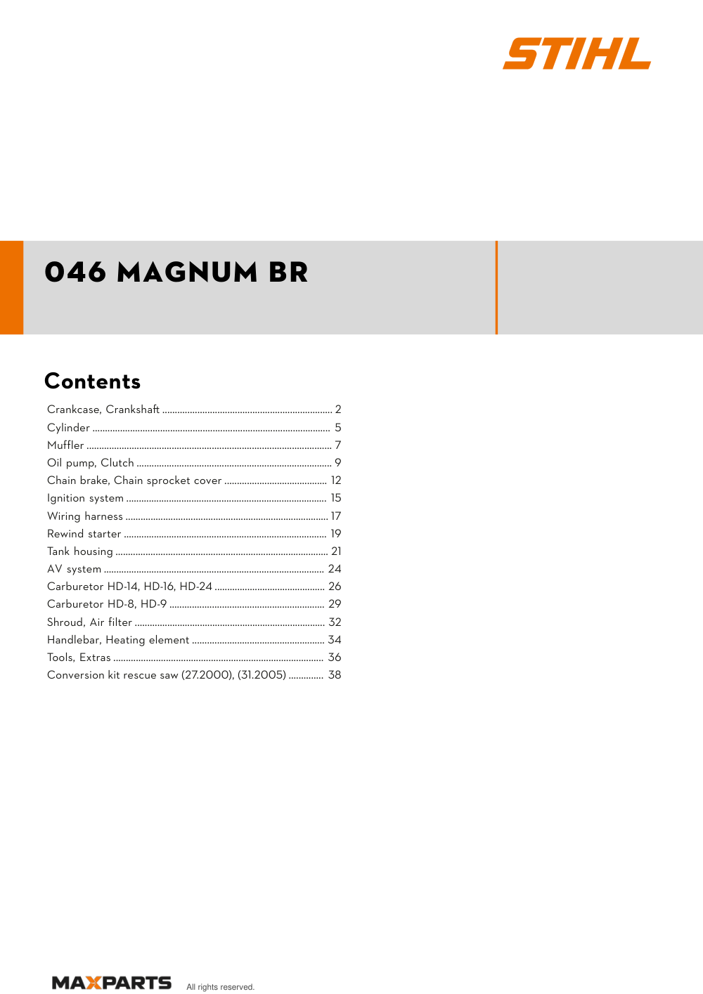 Cover of the STIHL 046 Magnum BR illustrated parts catalogue PDF, showing the model name and contents.