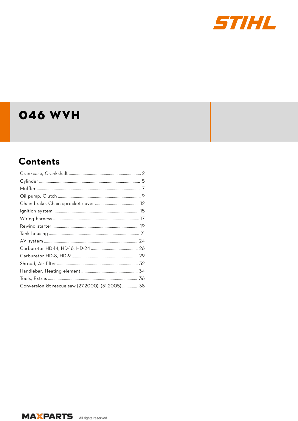 Cover of the STIHL 046 WVH illustrated parts catalogue PDF, showing the model name and contents.
