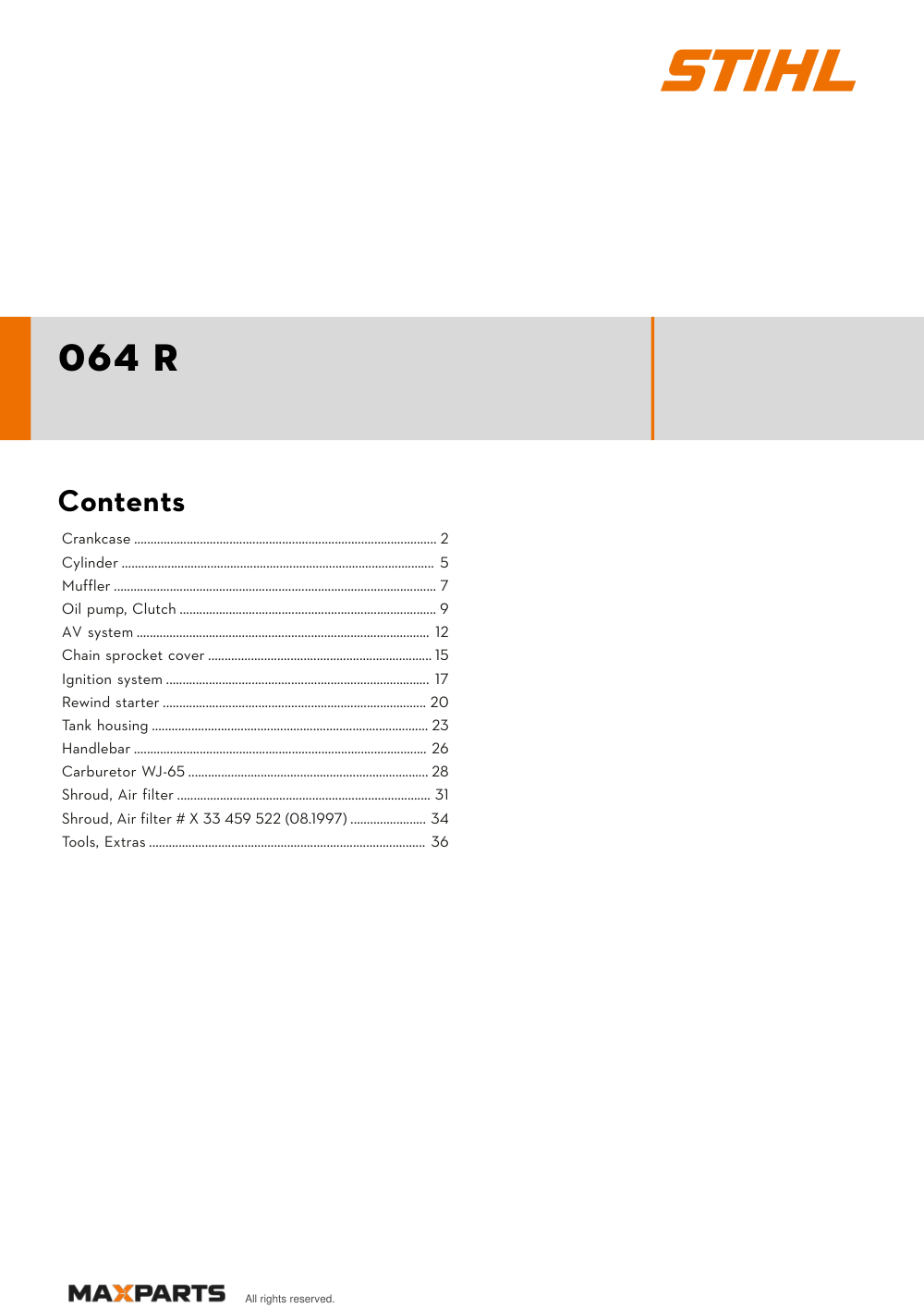 Cover of the STIHL 064 R illustrated parts catalogue PDF, showing the model name and contents.